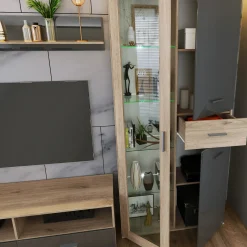 Garnero Arredamenti Parete Attrezzata A Terra|Pareti Attrezzate-Parete attrezzata 390x201h cm soggiorno rovere grigio lucido Diran