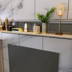 Garnero Arredamenti Parete Attrezzata A Terra|Pareti Attrezzate-Parete attrezzata 390x201h cm soggiorno rovere grigio lucido Diran