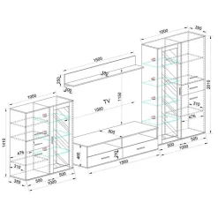 Garnero Arredamenti Parete Attrezzata A Terra|Pareti Attrezzate-Parete attrezzata 390x201h cm soggiorno rovere grigio lucido Diran