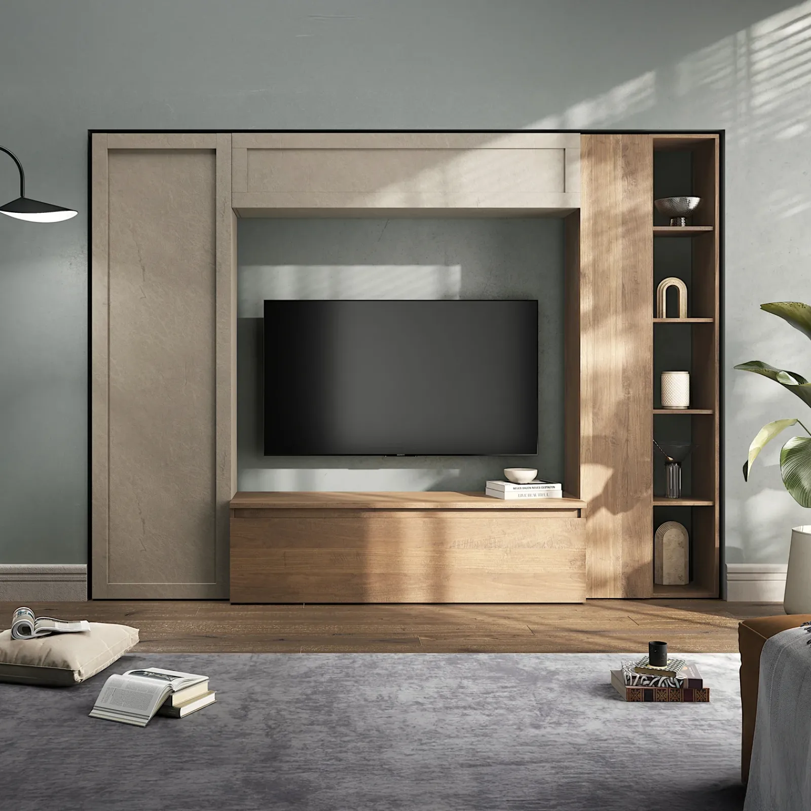 Garnero Arredamenti Parete Attrezzata A Terra|Pareti Attrezzate-Parete attrezzata 248x186h cm tortora rovere scuro Sunset 104