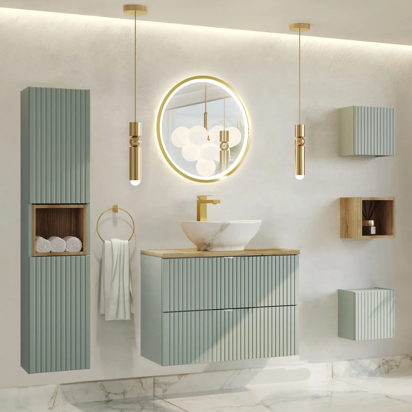 Garnero Arredamenti Pensili Per Bagno-Pensile cubo bagno sospeso 30x30h cm cannettato 1 anta verde salvia Greeny