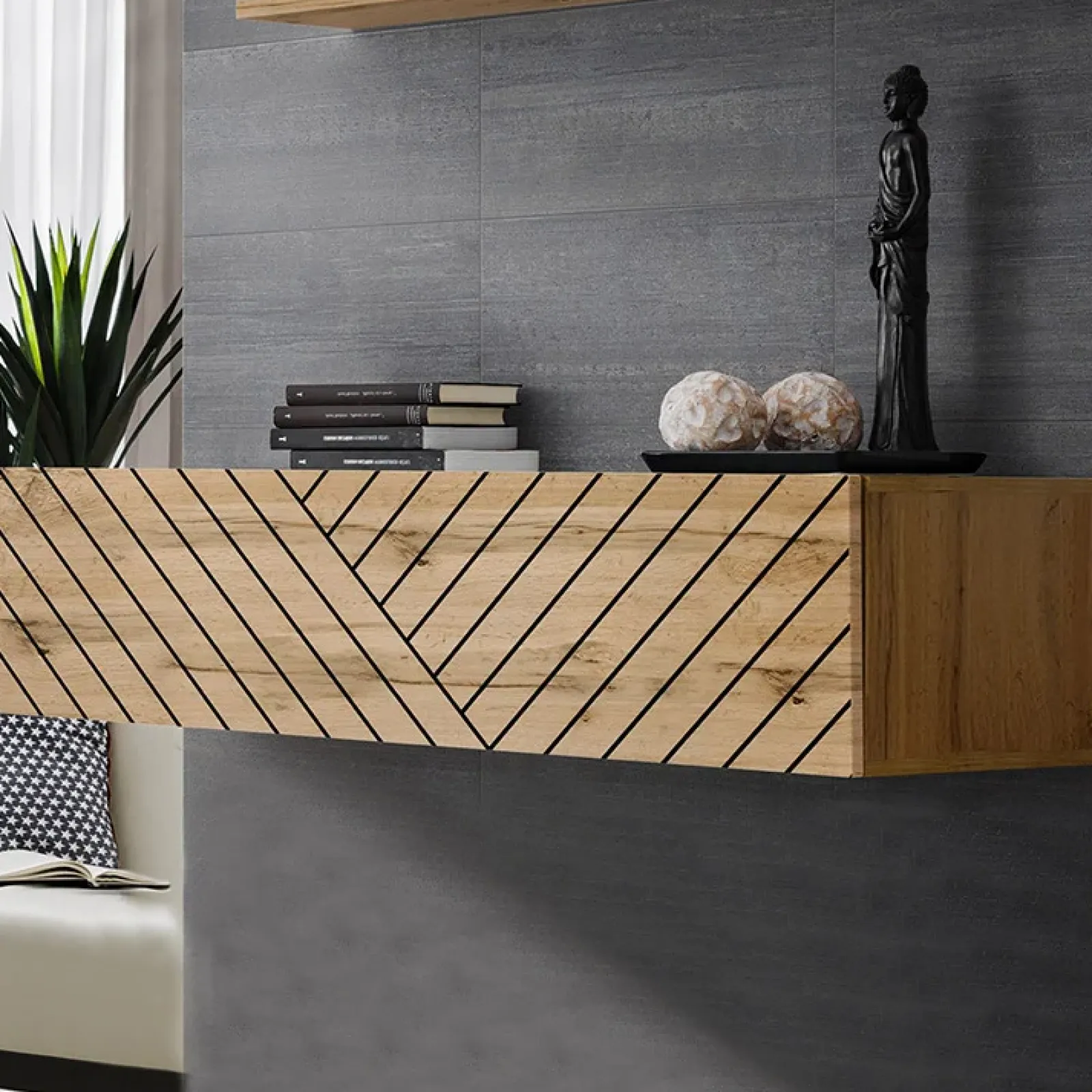 Garnero Arredamenti Mensole E Pensili-Pensile orizzontale sospeso 1 anta 120x30cm con serigrafia nera Geo Rovere