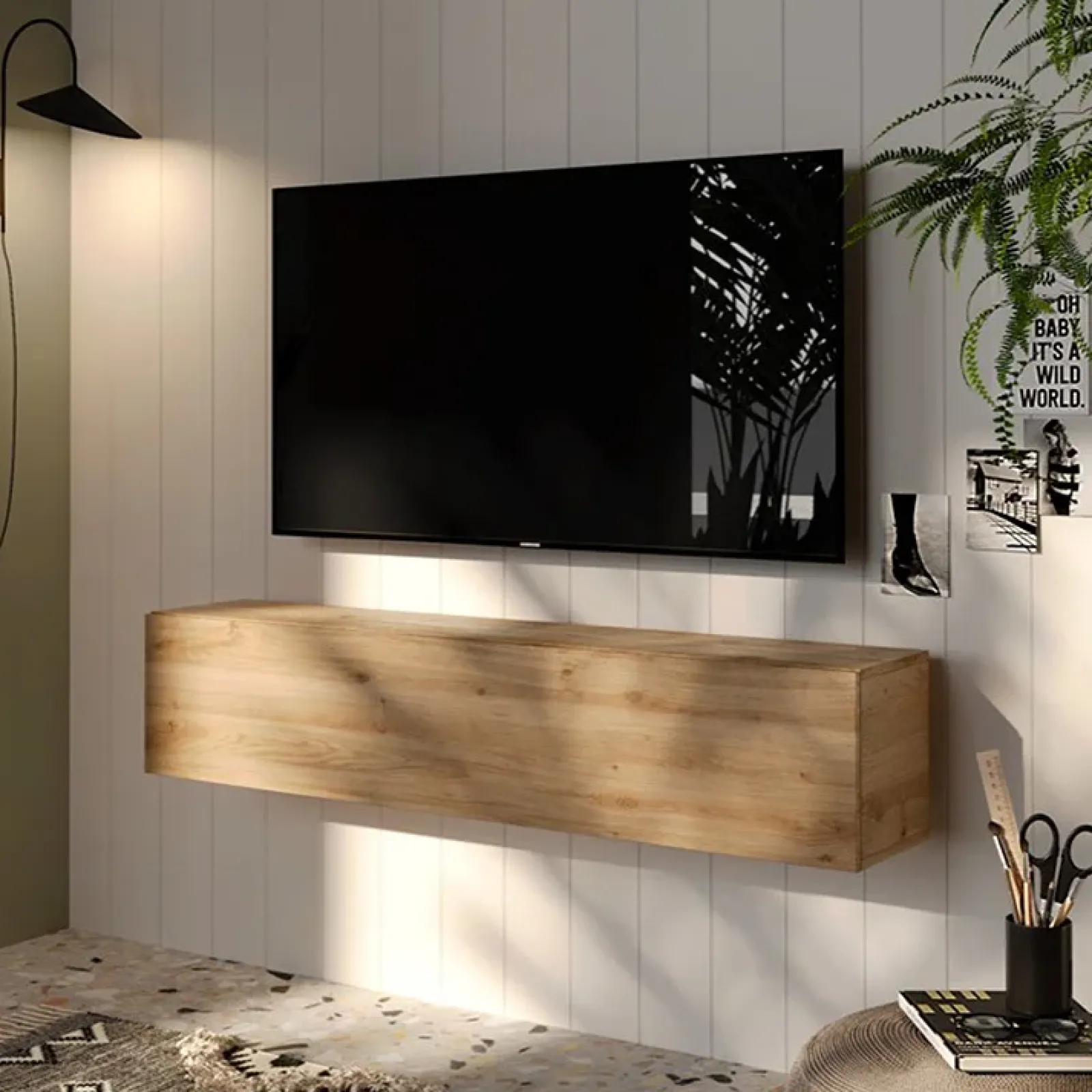 Garnero Arredamenti Mensole E Pensili-Pensile orizzontale 138x29h cm 1 anta reversibile moderno Sunset Rovere Chiaro