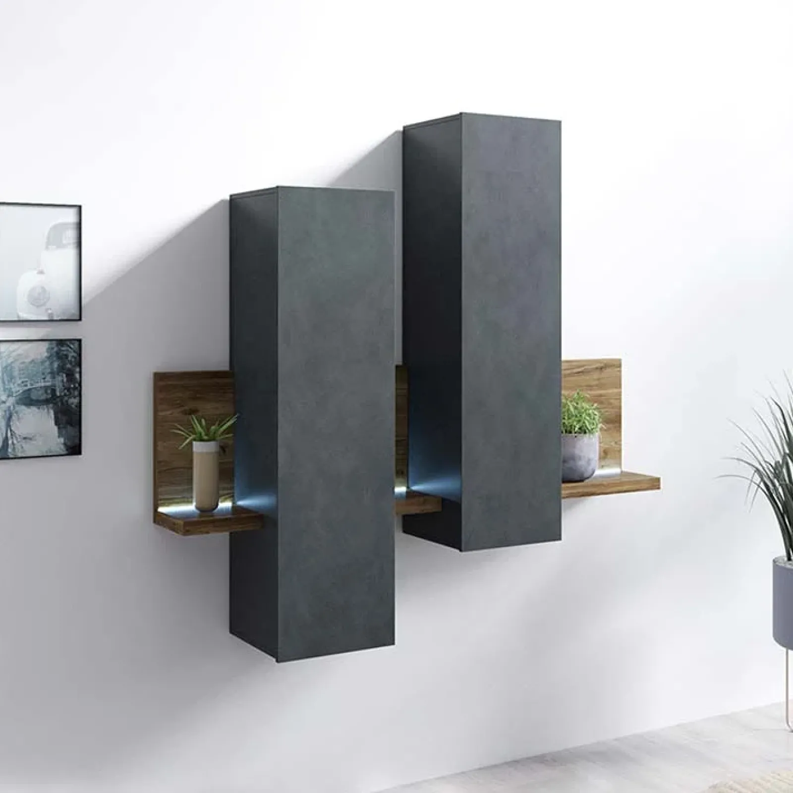 Garnero Arredamenti Mensole E Pensili|Mensole E Pensili-Pensile 152x142h cm per parete attrezzata con mensola antracite spatolato noce Megan Gihome® Noce - Antracite