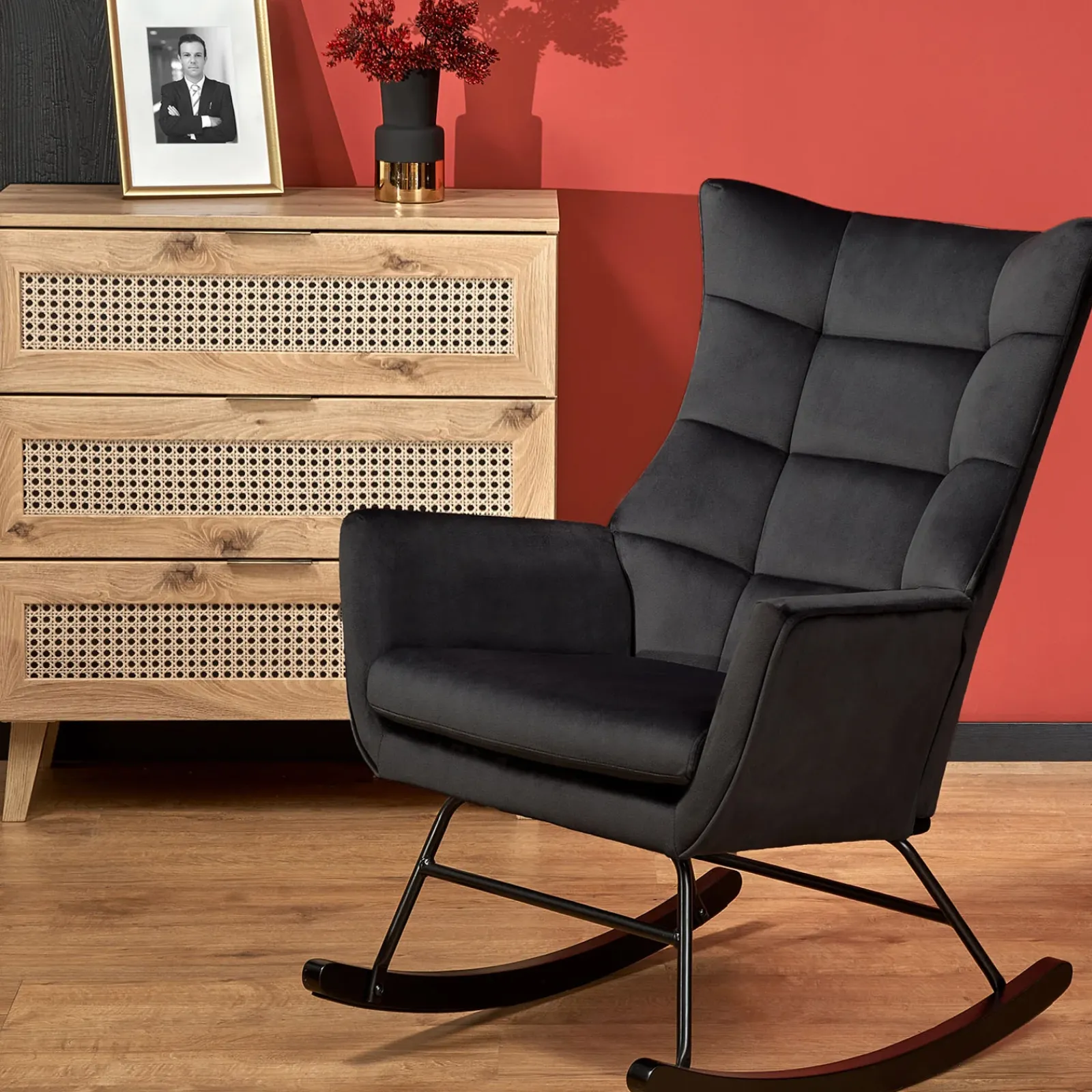 Garnero Arredamenti Poltrone Relax|Poltroncine Imbottite-Poltrona a dondolo relax imbottita in velluto Nanna Nero