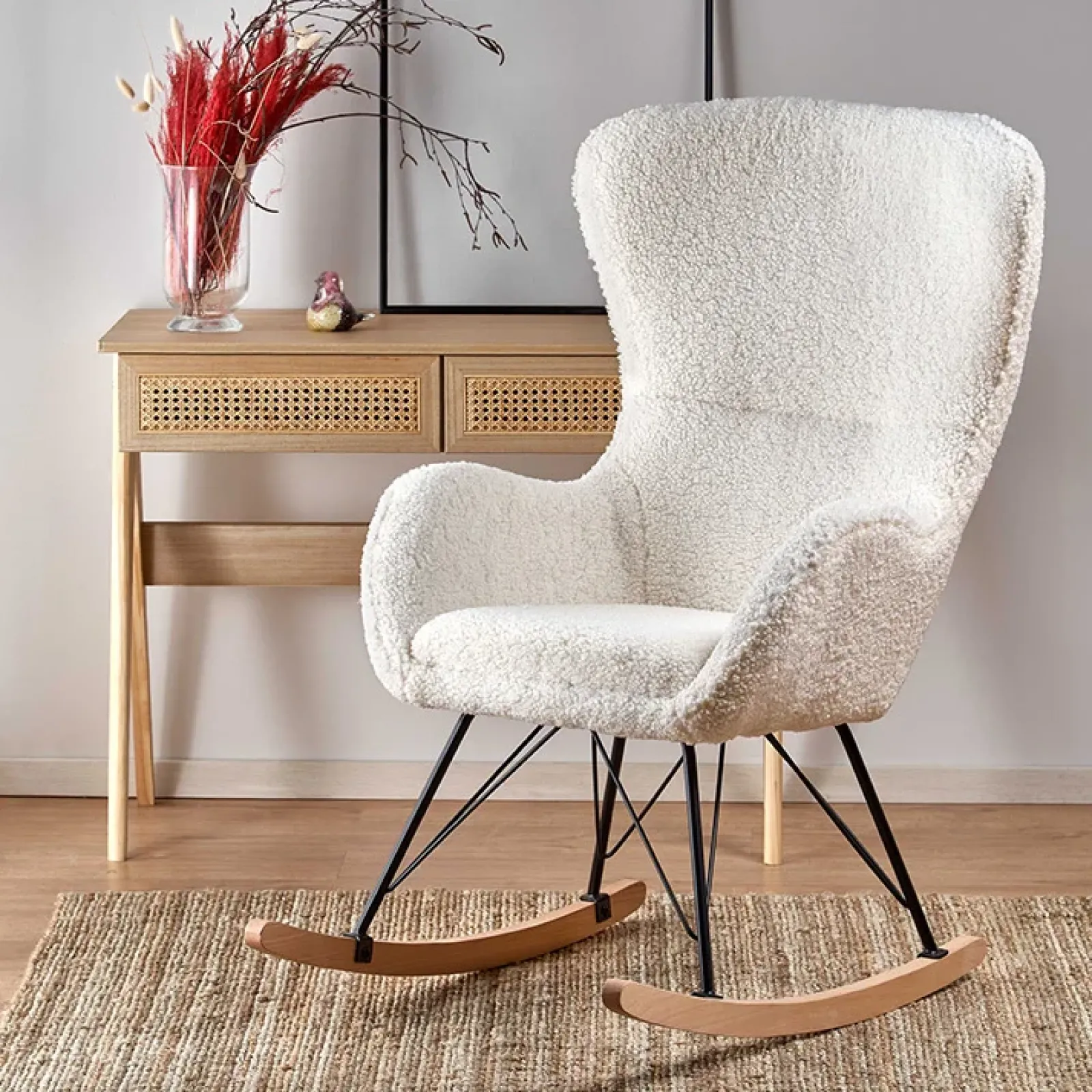 Garnero Arredamenti Poltrone Design|Poltrone Relax-Poltrona a dondolo relax imbottita in tessuto panna nero rovere Spitz Bianco - Rovere