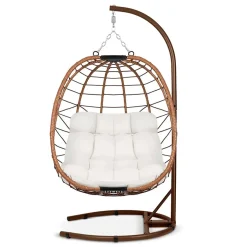 Garnero Arredamenti Dondoli Da Giardino|Poltrone Da Giardino-Poltrona da giardino a dondolo sospesa con cuscini beige Breeze Rovere