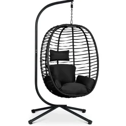 Garnero Arredamenti Dondoli Da Giardino|Poltrone Da Giardino-Poltrona da giardino a dondolo sospesa con cuscini nera Swing Nero
