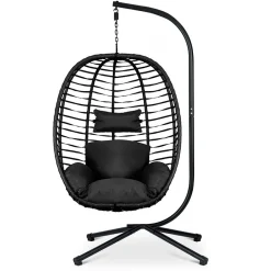 Garnero Arredamenti Dondoli Da Giardino|Poltrone Da Giardino-Poltrona da giardino a dondolo sospesa con cuscini nera Swing Nero