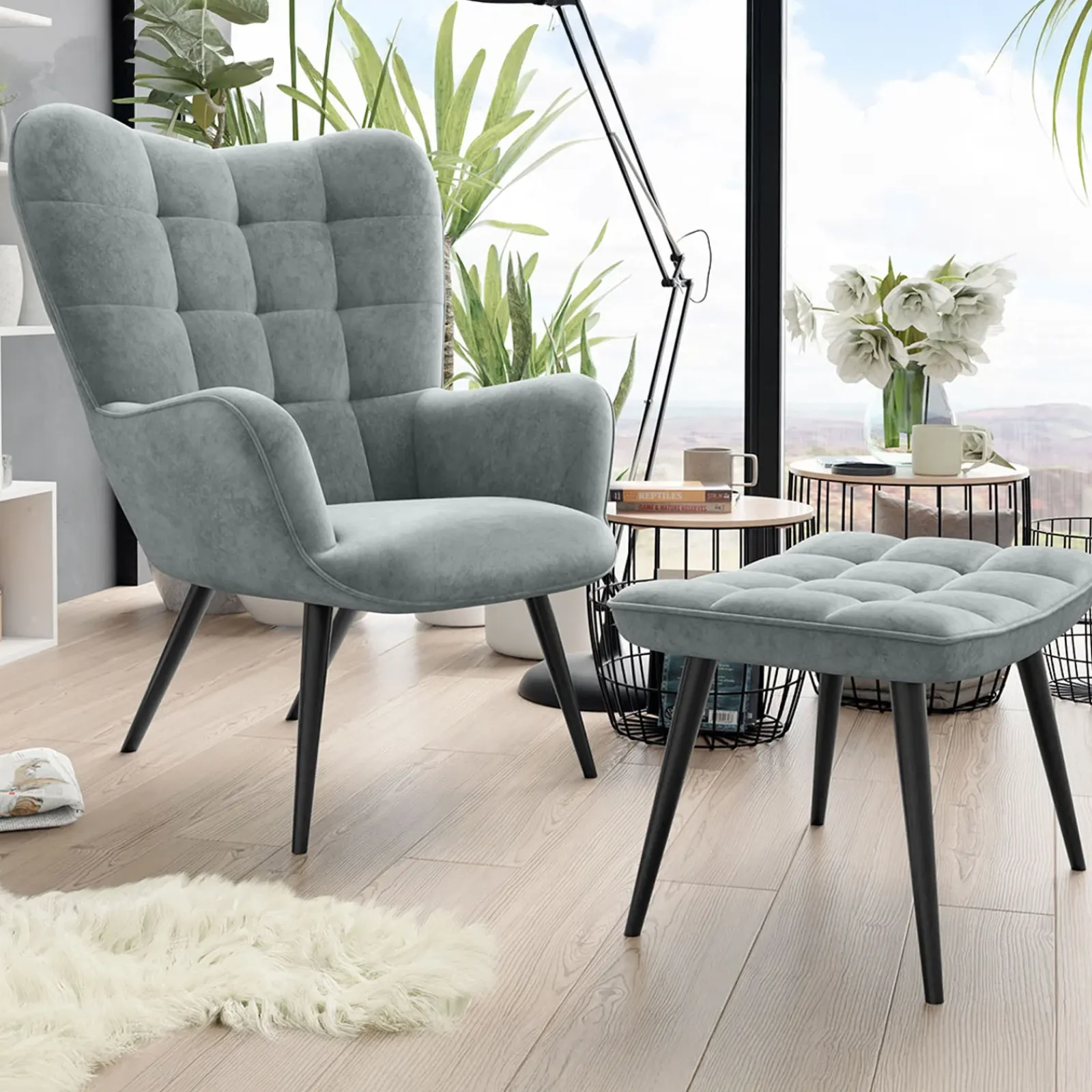 Garnero Arredamenti Poltroncine Imbottite-Poltrona imbottita con poggiapiedi in velluto Siena Grigio chiaro