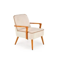 Garnero Arredamenti Poltrone Sala D'attesa|Poltroncine Imbottite-Poltrona moderna design in stoffa beige chiaro e gambe legno noce chiaro Bled