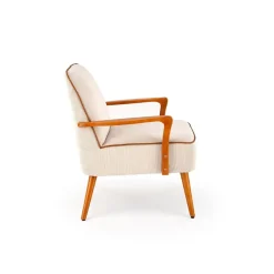 Garnero Arredamenti Poltrone Sala D'attesa|Poltroncine Imbottite-Poltrona moderna design in stoffa beige chiaro e gambe legno noce chiaro Bled