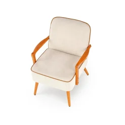 Garnero Arredamenti Poltrone Sala D'attesa|Poltroncine Imbottite-Poltrona moderna design in stoffa beige chiaro e gambe legno noce chiaro Bled