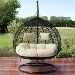 Garnero Arredamenti Dondoli Da Giardino|Poltrone Da Giardino-Poltrona sospesa 2 posti da giardino 120x200h cm nero con cuscini beige Ibisco Nero - Beige