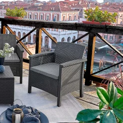 Garnero Arredamenti Salotto Da Giardino-Salotto da giardino 2 poltrone divano tavolino con cuscini polipropilene grafite Capri