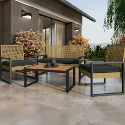 Garnero Arredamenti Salotto Da Giardino-Salotto da giardino 4 posti con cuscini e tavolino acacia nero Timo