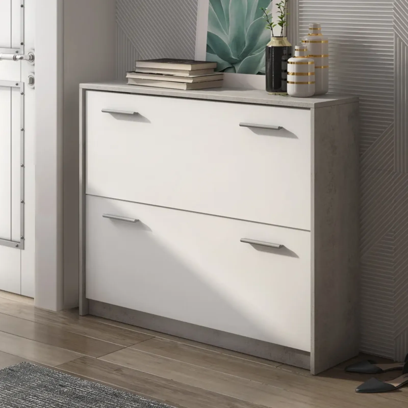 Garnero Arredamenti Scarpiere E Cassepanche|Scarpiere-Scarpiera ingresso 98x81h cm 2 ante ribalta bianco frassinato cemento Thomas