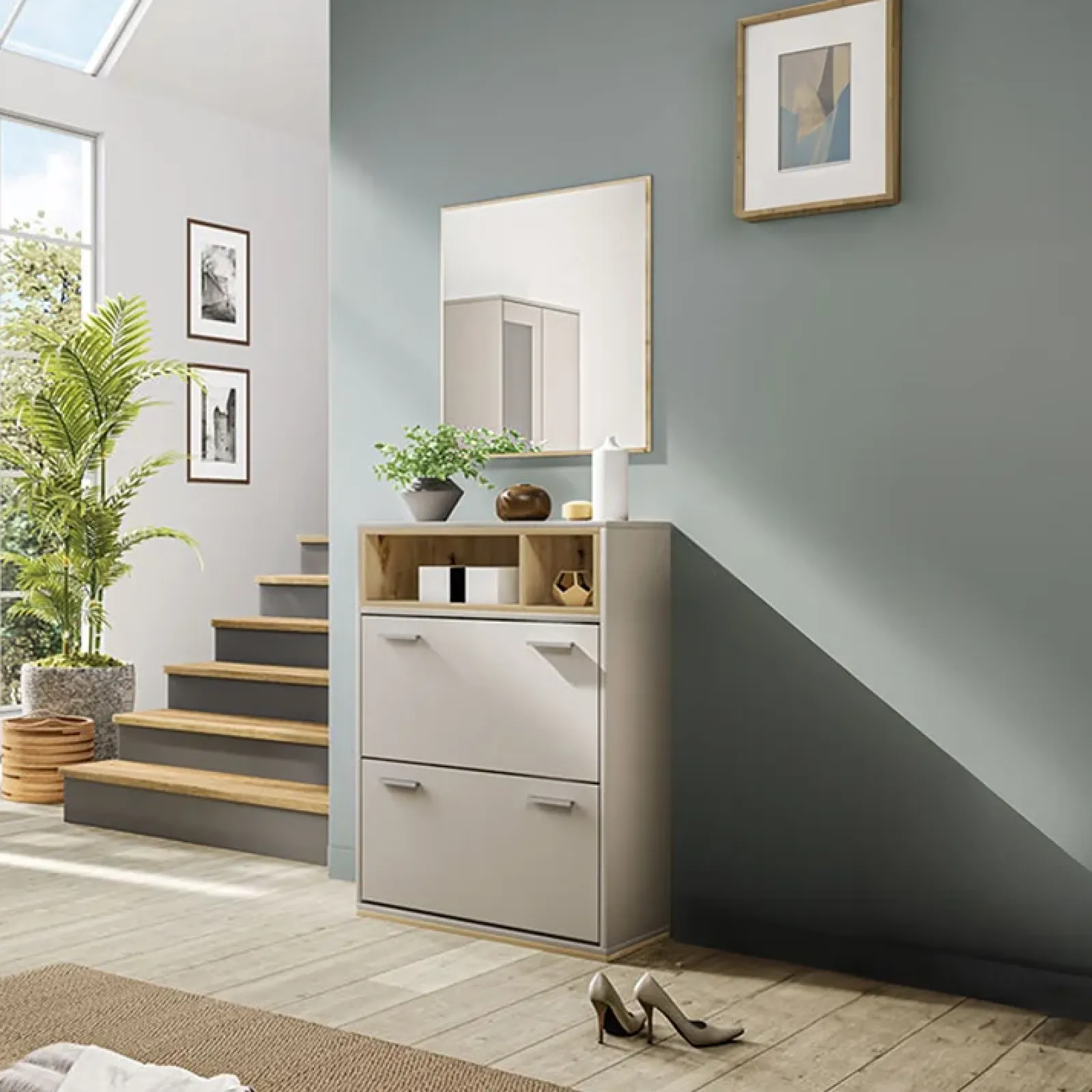 Garnero Arredamenti Scarpiere E Cassepanche|Scarpiere-Scarpiera ingresso 70x101h cm 2 ante moderna rovere naturale beige satinato Kenya