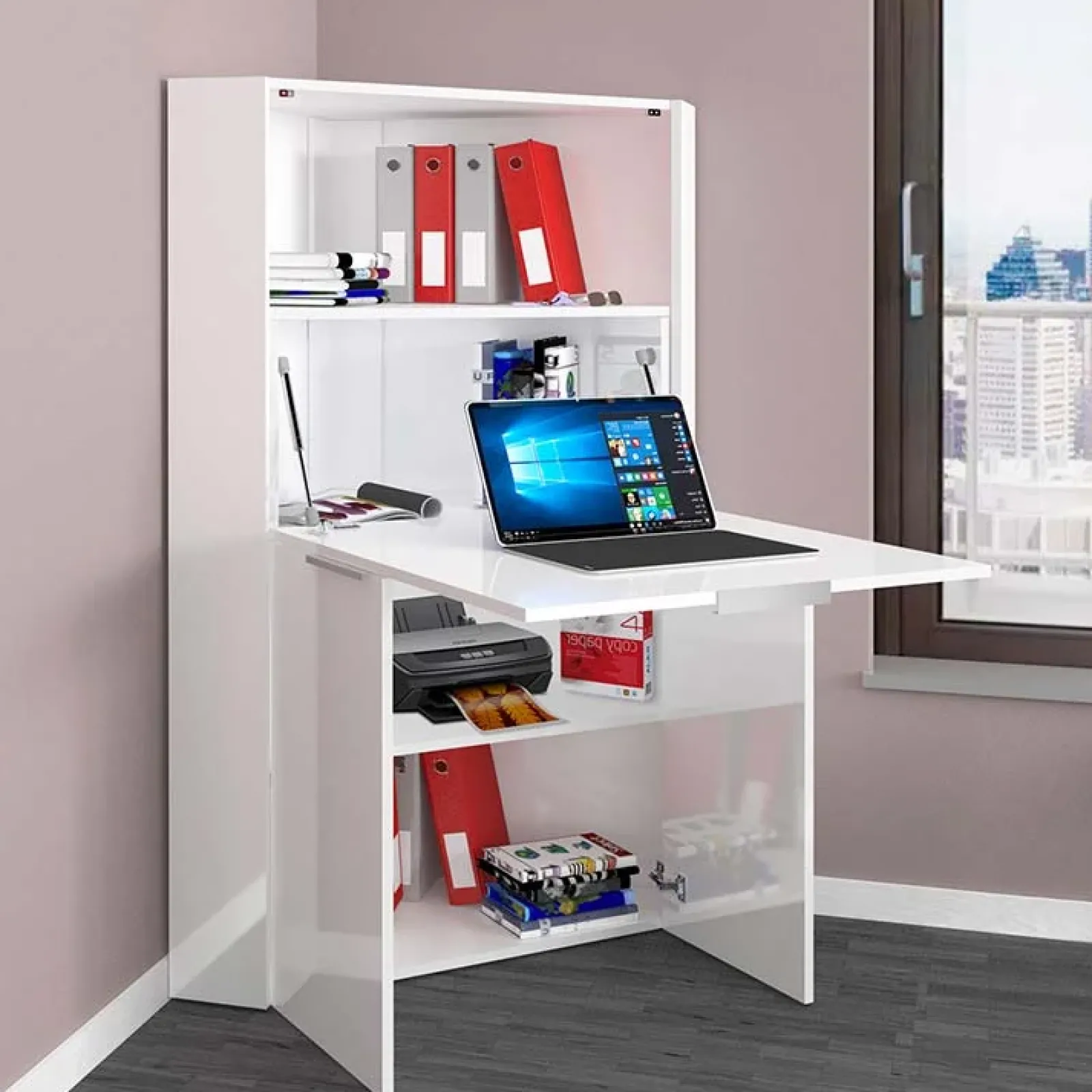 Garnero Arredamenti Scrivanie Per Ragazzi|Scrivanie Ufficio-Scrivania a scomparsa 70x67cm angolare bianco lucido Pinko