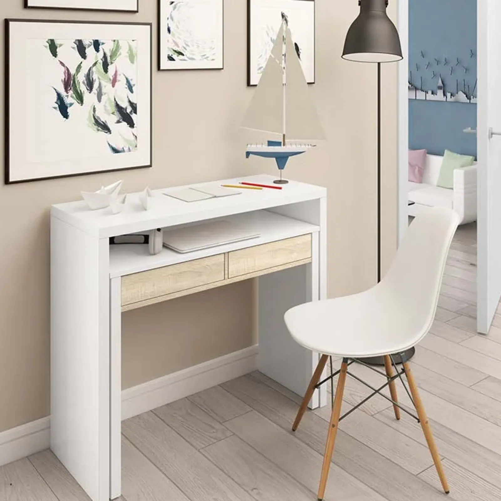 Garnero Arredamenti Scrivanie Per Ragazzi|Scrivanie Ufficio-Scrivania 36/66cm ufficio moderna bianco opaco rovere Adam Gihome®