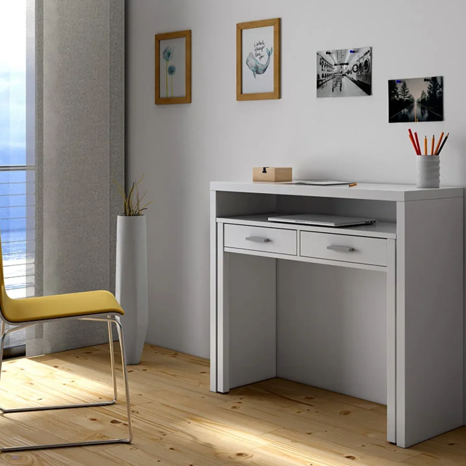 Garnero Arredamenti Consolle Fissa|Consolle Fissa-Scrivania consolle ingresso moderna 99x87cm bianco opaco Anastasia