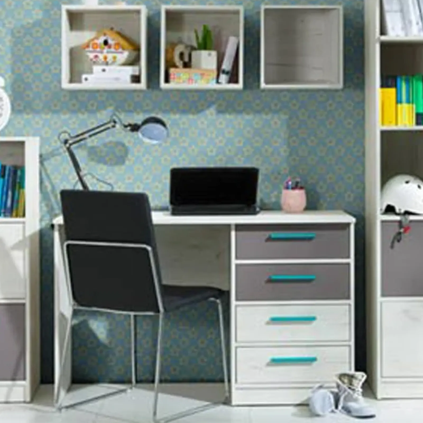 Garnero Arredamenti Scrivanie Per Ragazzi-Scrivania moderna 120x60h cm con 3 cubotti bianco pino grigio blu Maya Gihome®