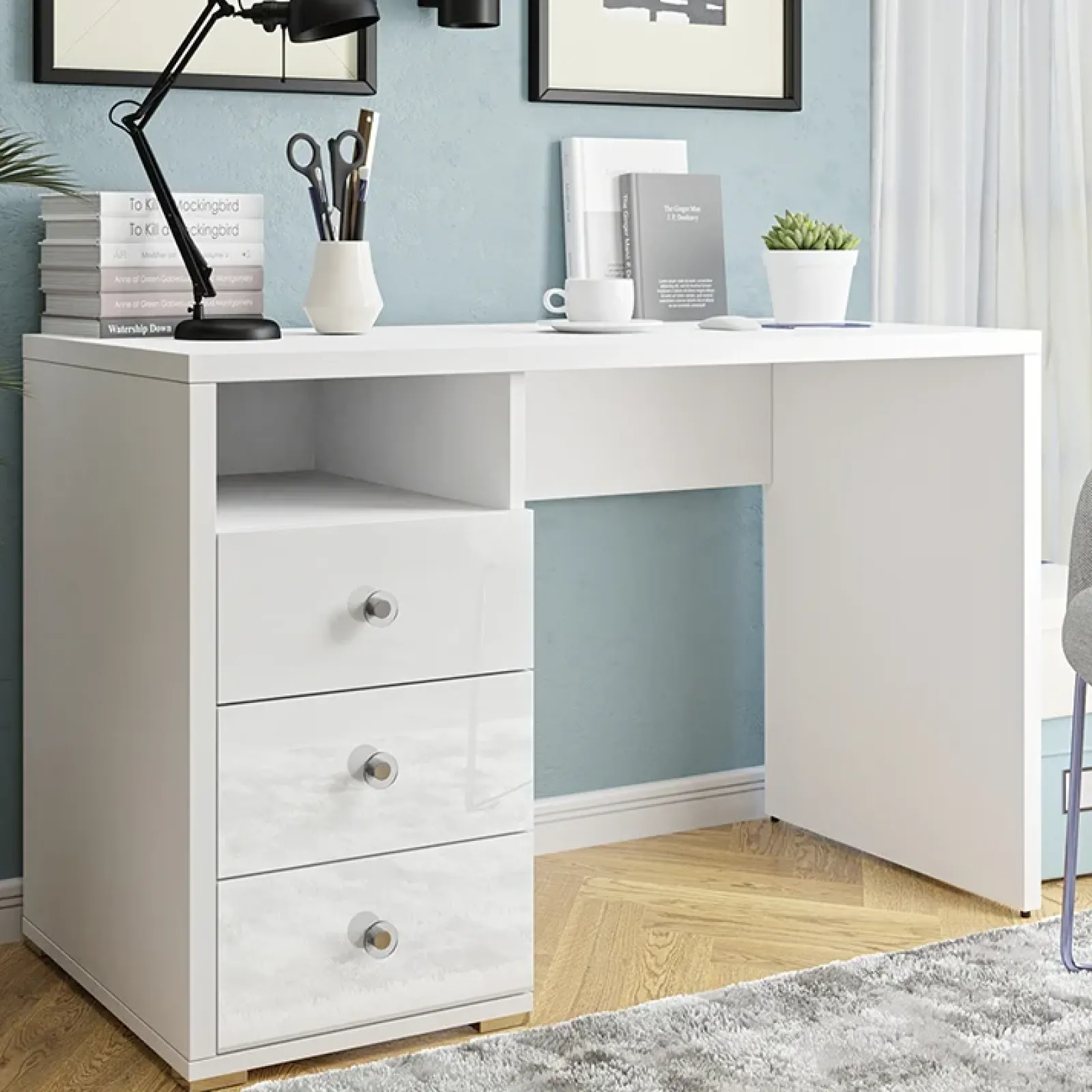 Garnero Arredamenti Scrivanie Per Ragazzi|Scrivanie Ufficio-Scrivania ufficio moderna con cassetti 120x50cm bianco lucido Angus