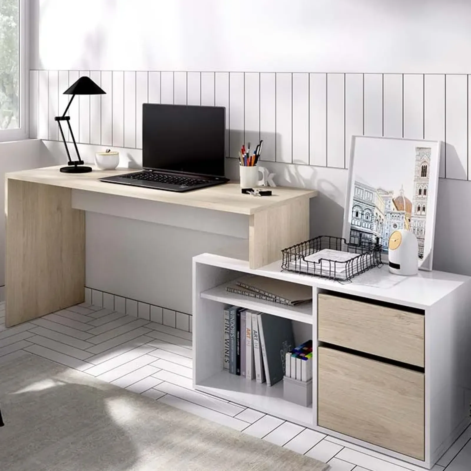 Garnero Arredamenti Scrivanie Per Ragazzi|Scrivanie Ufficio-Scrivania ufficio salvaspazio 230x51cm rovere bianco lucido Teddy Rovere - Bianco Lucido