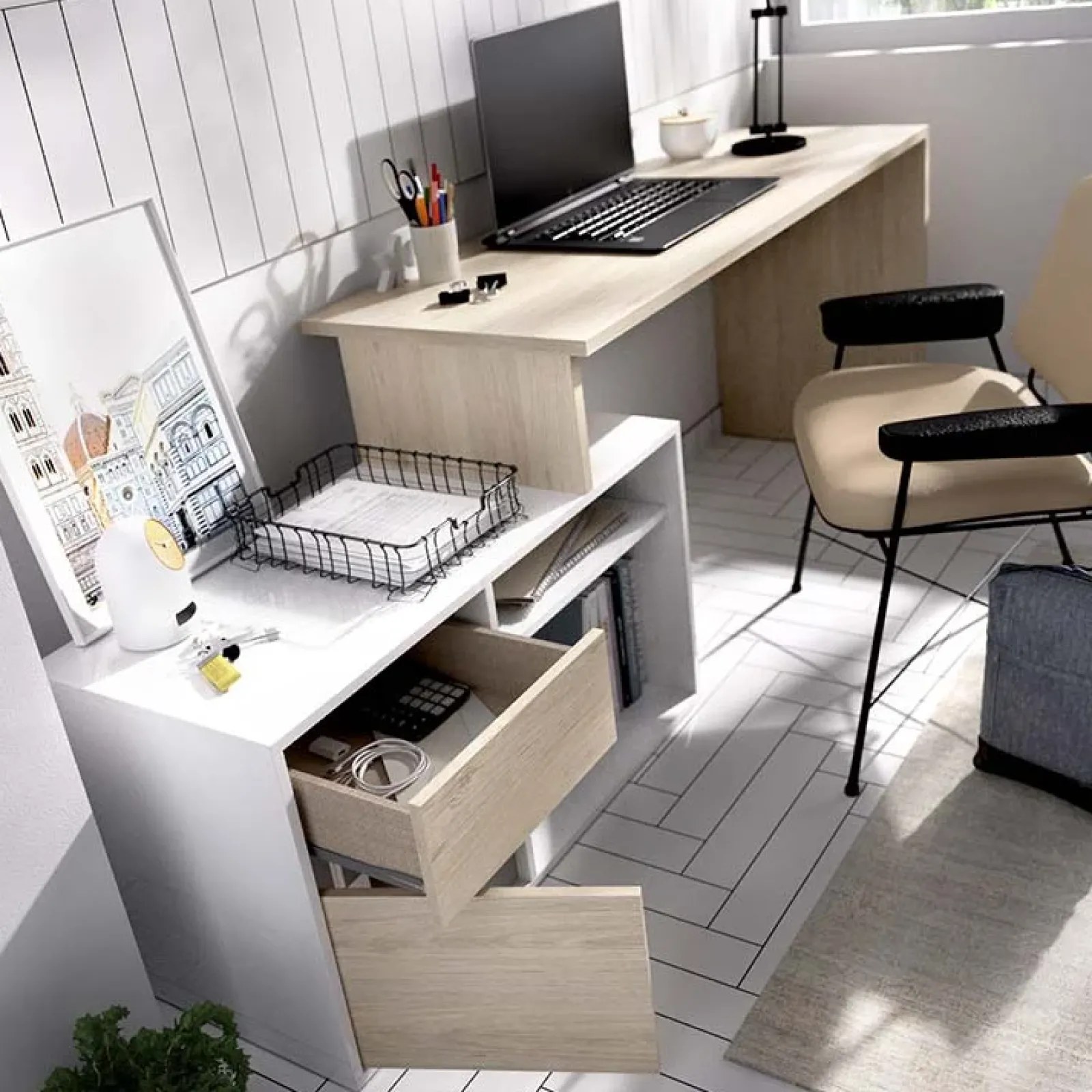 Garnero Arredamenti Scrivanie Per Ragazzi|Scrivanie Ufficio-Scrivania ufficio salvaspazio 230x51cm rovere bianco lucido Teddy Rovere - Bianco Lucido