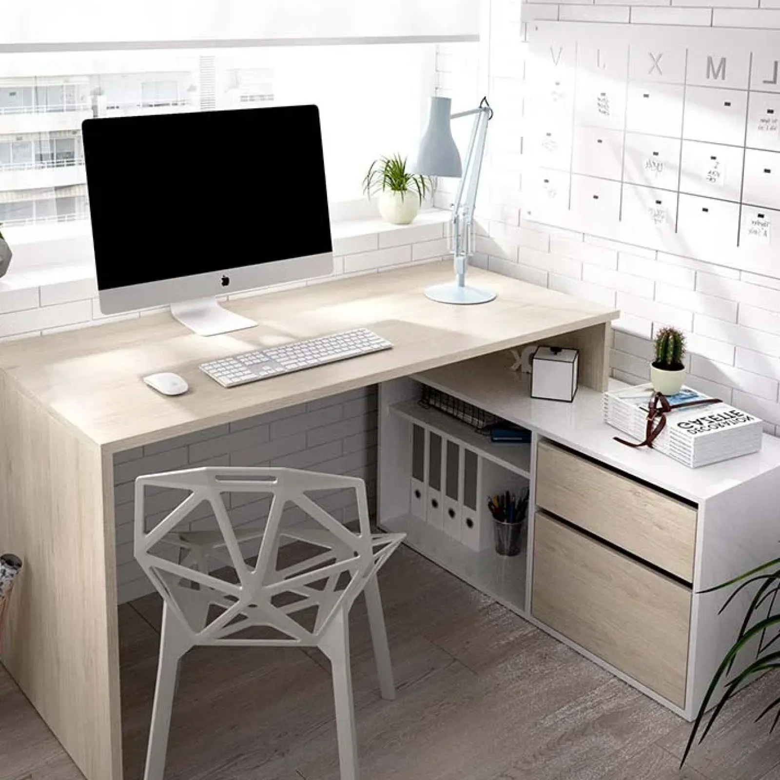 Garnero Arredamenti Scrivanie Per Ragazzi|Scrivanie Ufficio-Scrivania ufficio salvaspazio 230x51cm rovere bianco lucido Teddy Rovere - Bianco Lucido