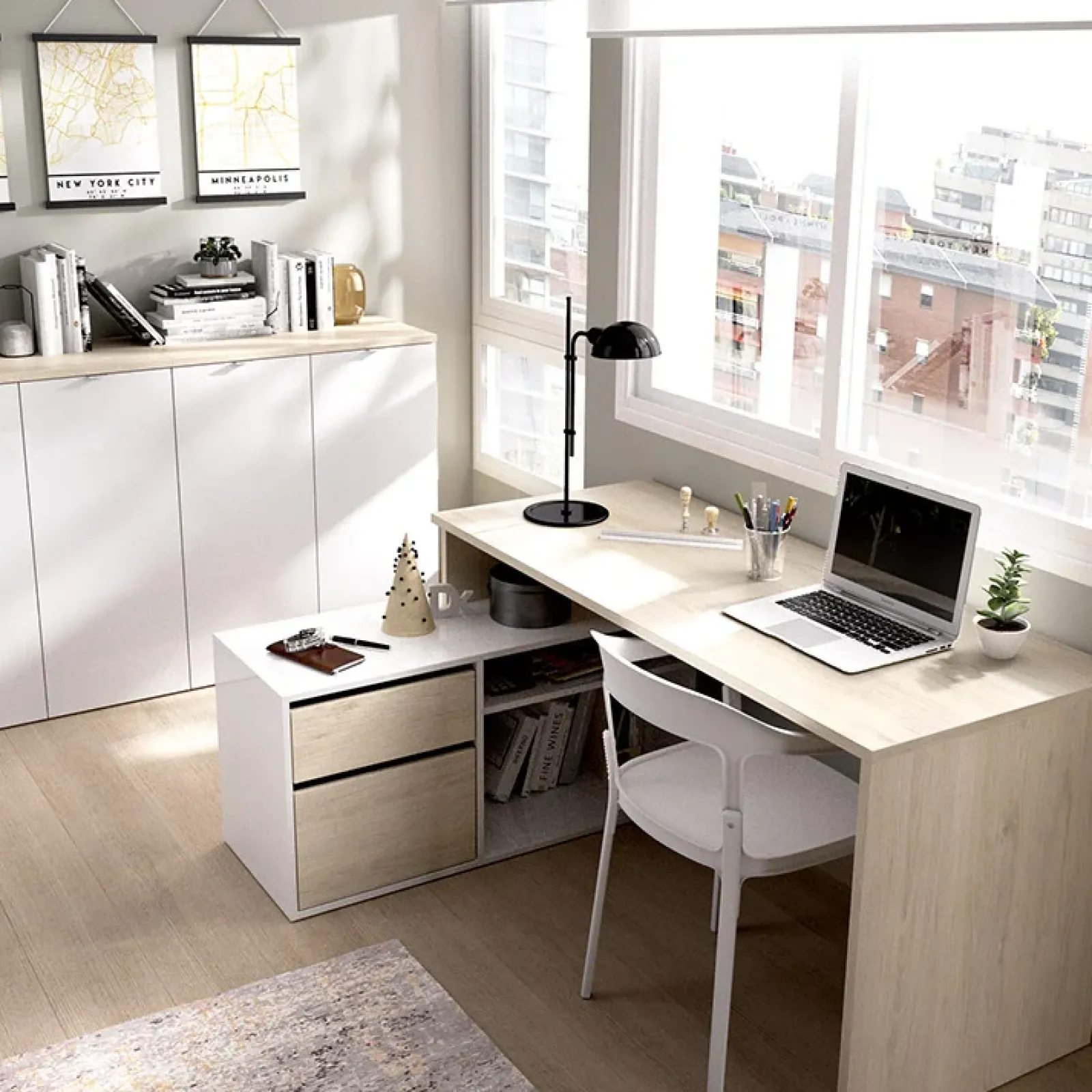 Garnero Arredamenti Scrivanie Per Ragazzi|Scrivanie Ufficio-Scrivania ufficio salvaspazio 230x51cm rovere bianco lucido Teddy Rovere - Bianco Lucido