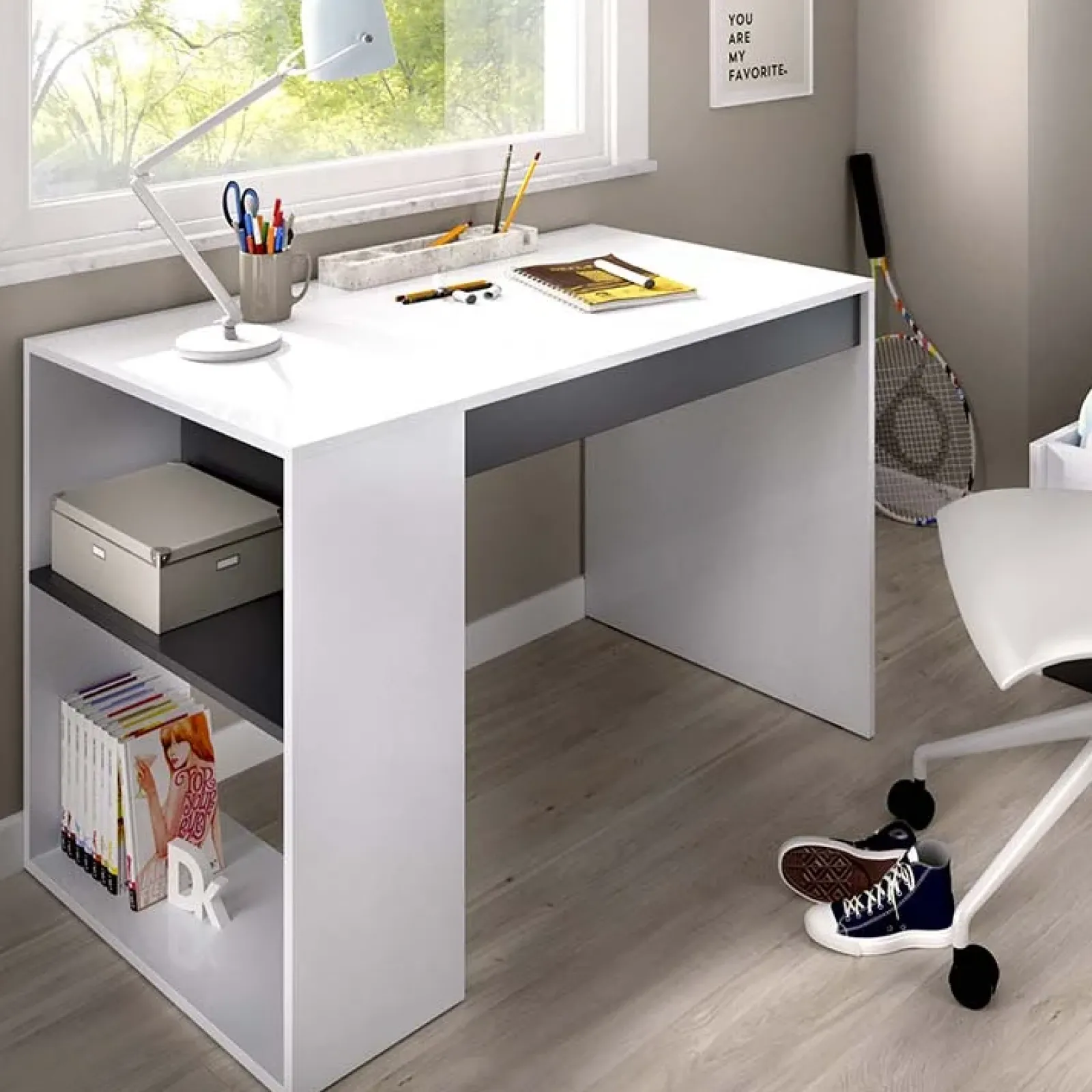 Garnero Arredamenti Scrivanie Per Ragazzi|Scrivanie Ufficio-Scrivania ufficio salvaspazio 115x50cm bianco opaco grafite Tiger Bianco Opaco - Grafite