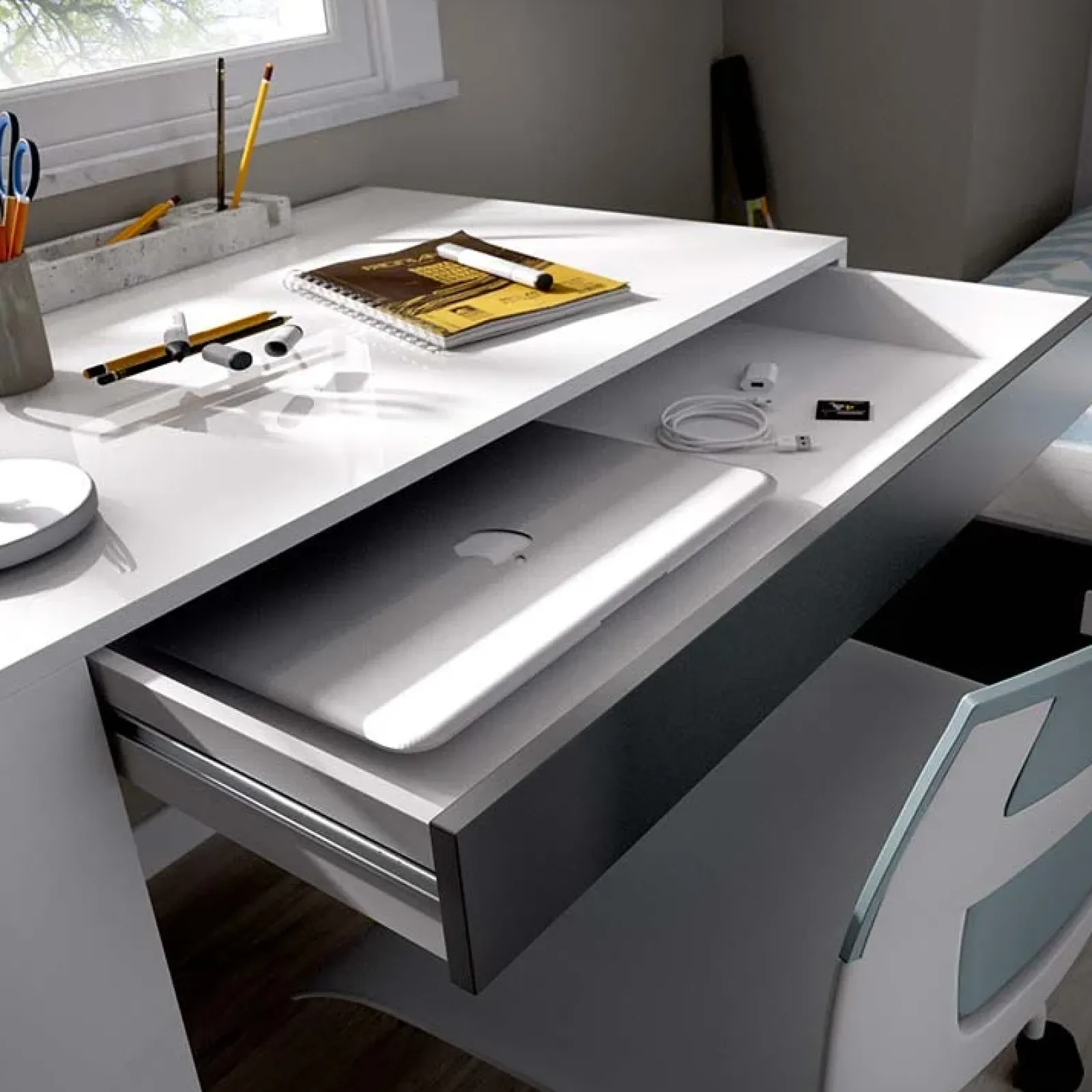 Garnero Arredamenti Scrivanie Per Ragazzi|Scrivanie Ufficio-Scrivania ufficio salvaspazio 115x50cm bianco opaco grafite Tiger Bianco Opaco - Grafite