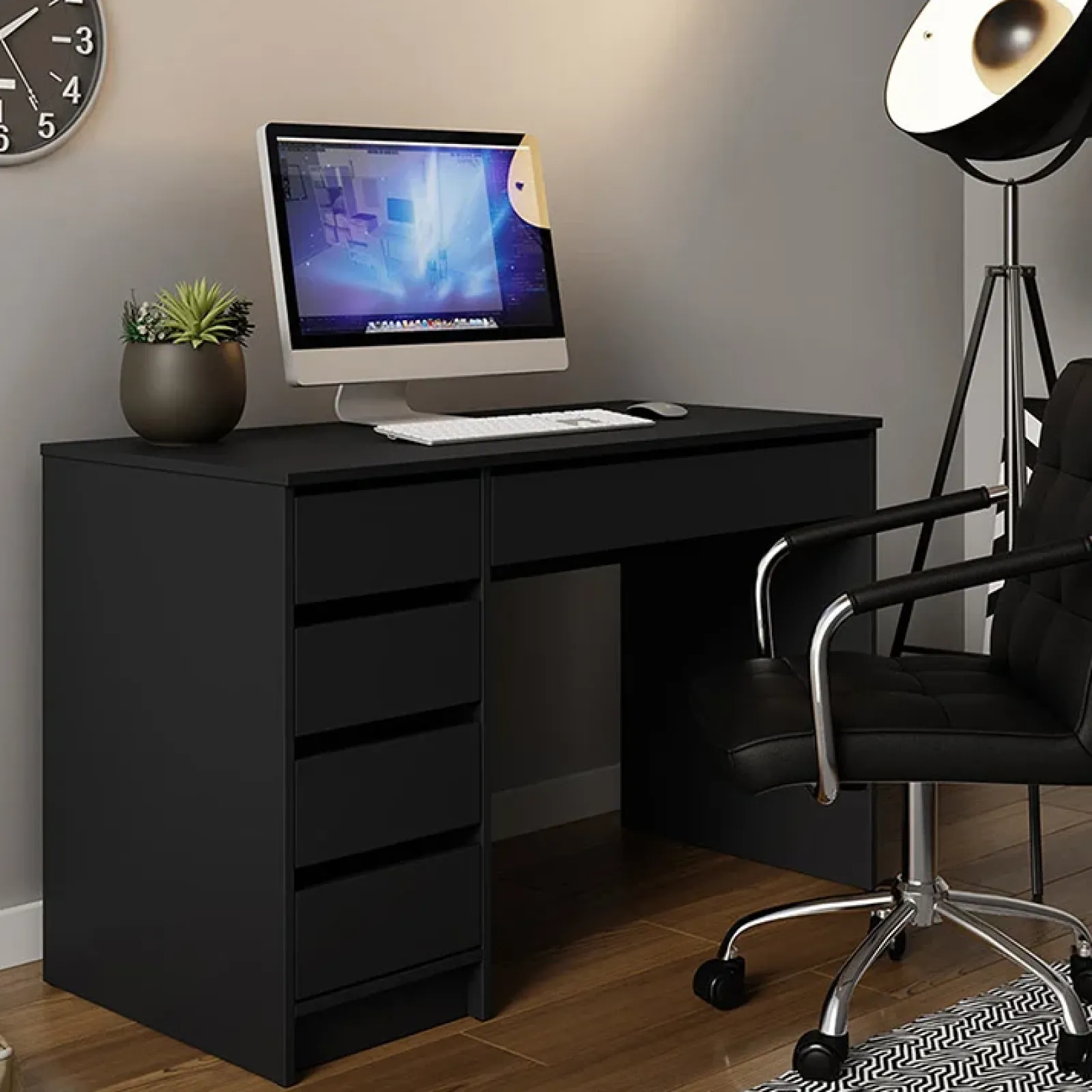 Garnero Arredamenti Scrivanie Per Ragazzi|Scrivanie Ufficio-Scrivania ufficio 120x75cm 5 cassetti nero Blackpool Nero Opaco