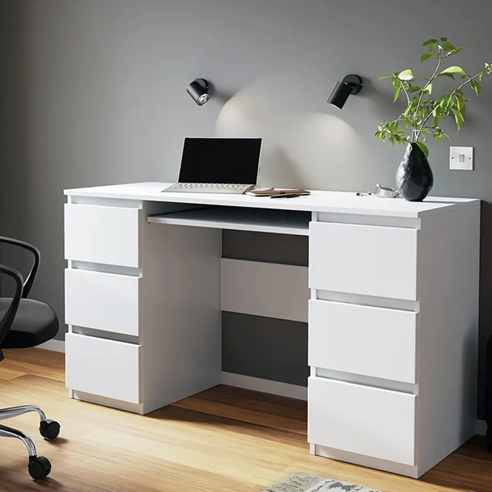 Garnero Arredamenti Scrivanie Per Ragazzi|Scrivanie Ufficio-Scrivania ufficio 130x76cm 6 cassetti bianco Salford