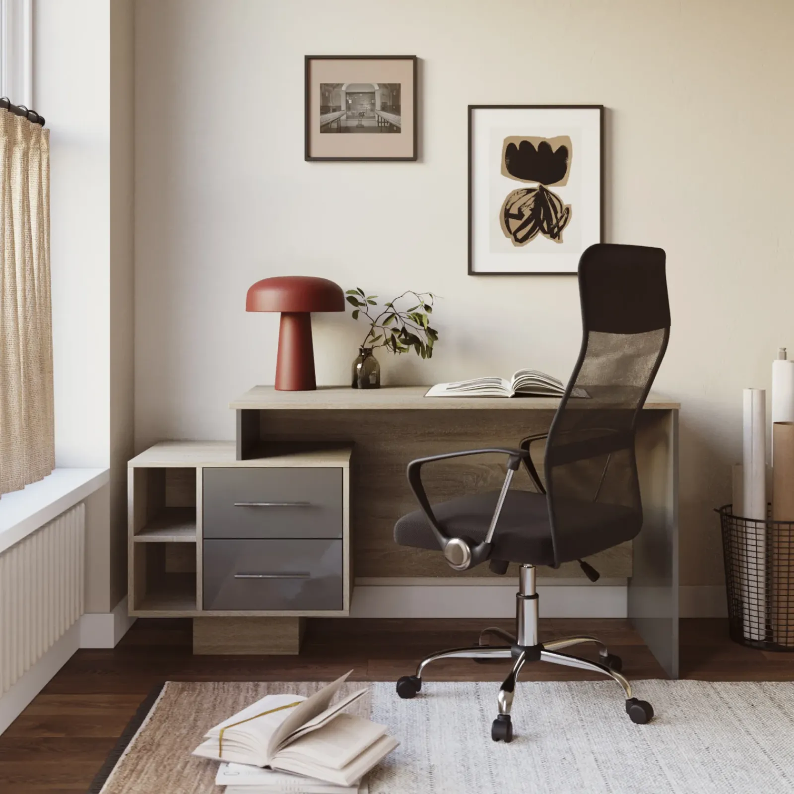 Garnero Arredamenti Scrivanie Ufficio|Scrivanie Ufficio-Scrivania ufficio 148x60cm con cassettiera rovere antracite lucido Time Y