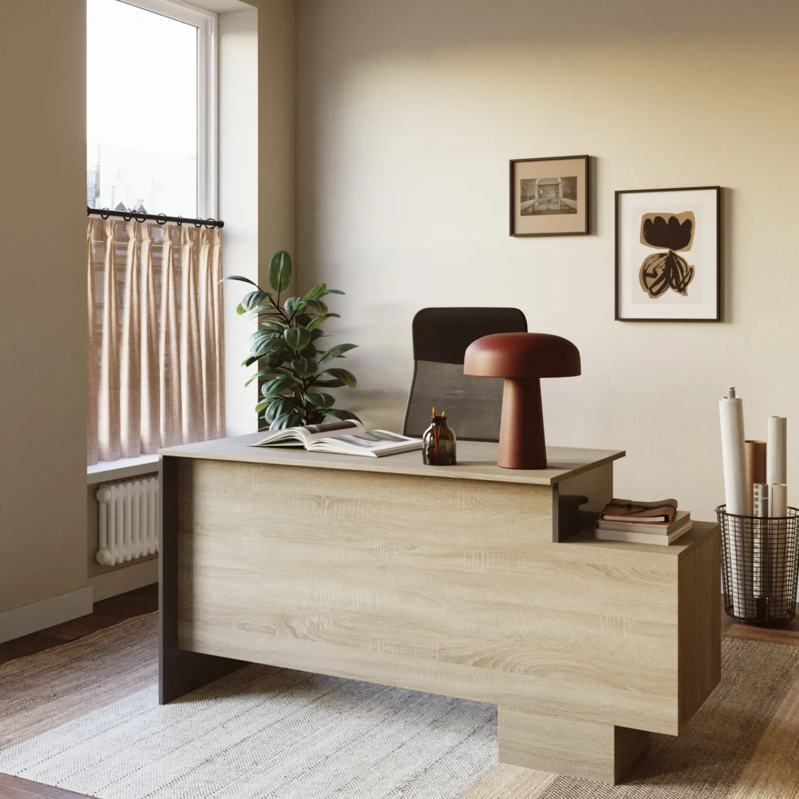 Garnero Arredamenti Scrivanie Ufficio|Scrivanie Ufficio-Scrivania ufficio 148x60cm con cassettiera rovere antracite lucido Time Y