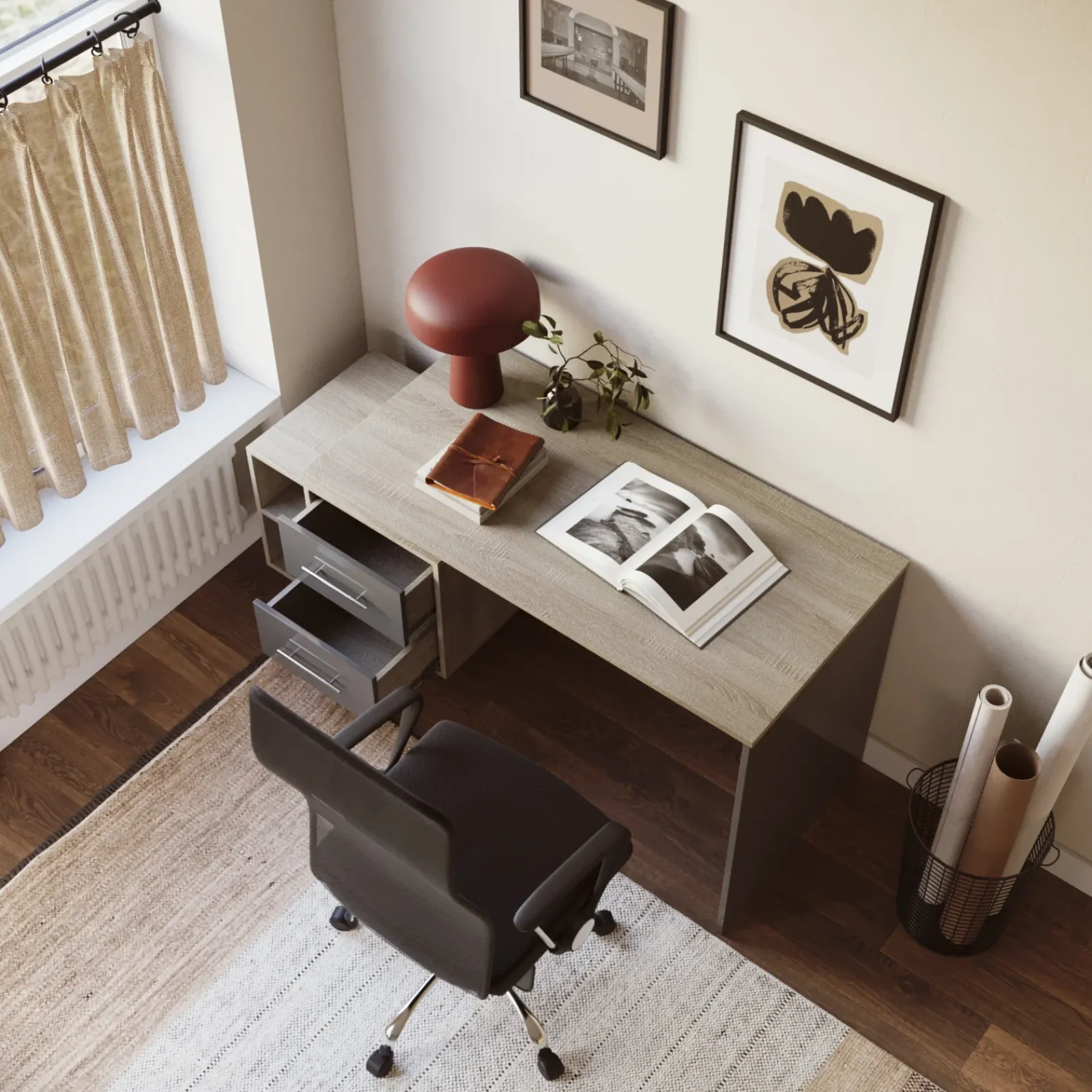 Garnero Arredamenti Scrivanie Ufficio|Scrivanie Ufficio-Scrivania ufficio 148x60cm con cassettiera rovere antracite lucido Time Y