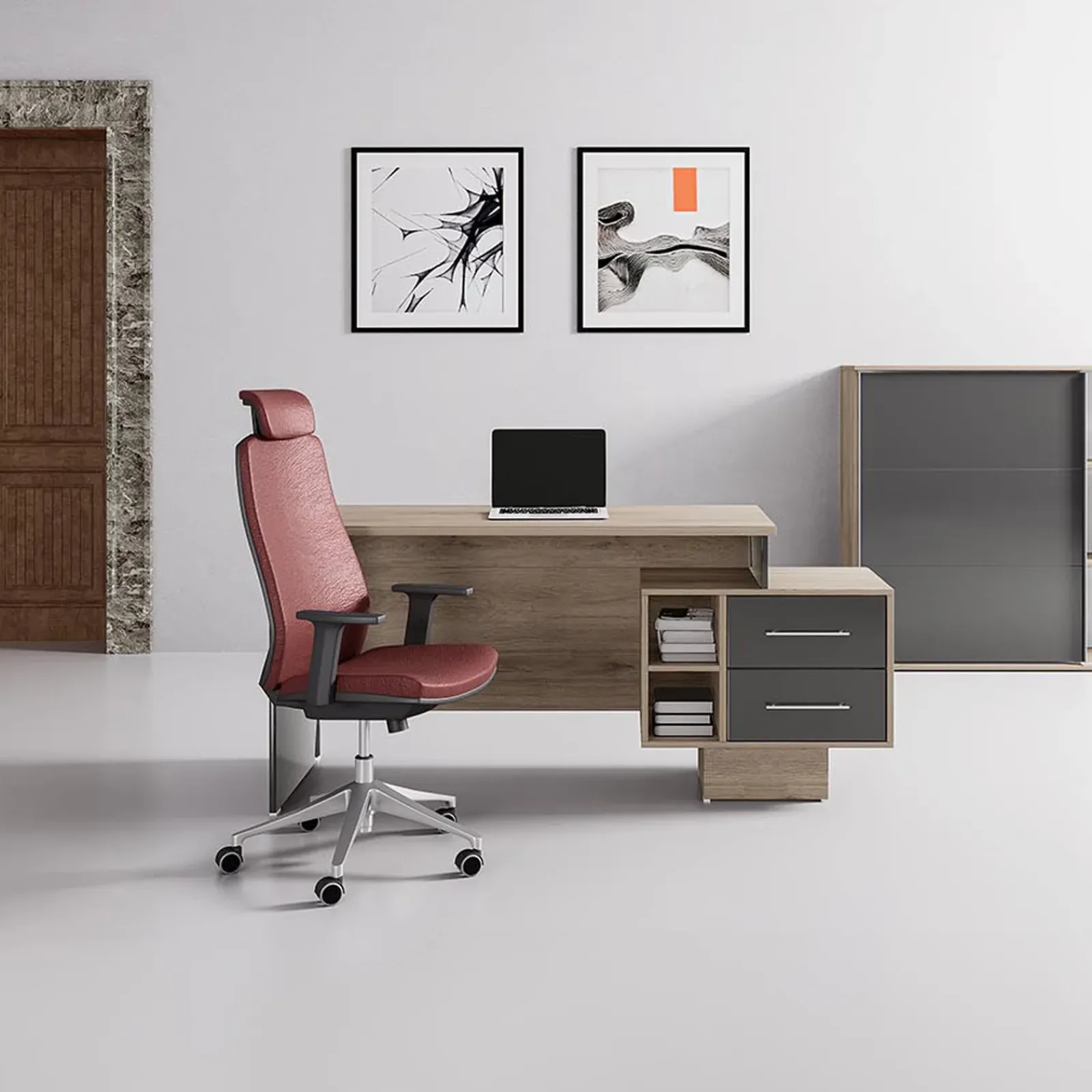 Garnero Arredamenti Scrivanie Ufficio|Scrivanie Ufficio-Scrivania ufficio 148x60cm con cassettiera rovere antracite lucido Time Y