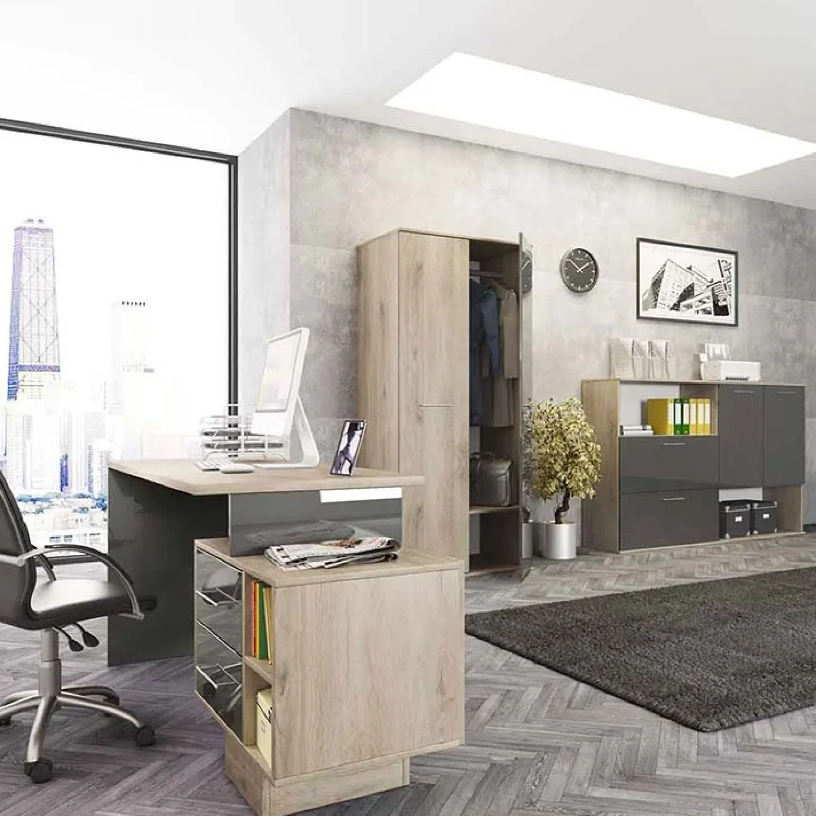 Garnero Arredamenti Scrivanie Ufficio|Scrivanie Ufficio-Scrivania ufficio 148x60cm con cassettiera rovere antracite lucido Time Y