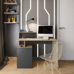 Garnero Arredamenti Scrivanie Per Ragazzi|Scrivanie Ufficio-Scrivania ufficio 110x95cm con mobile contenitore grigio rovere chiaro Aldeia