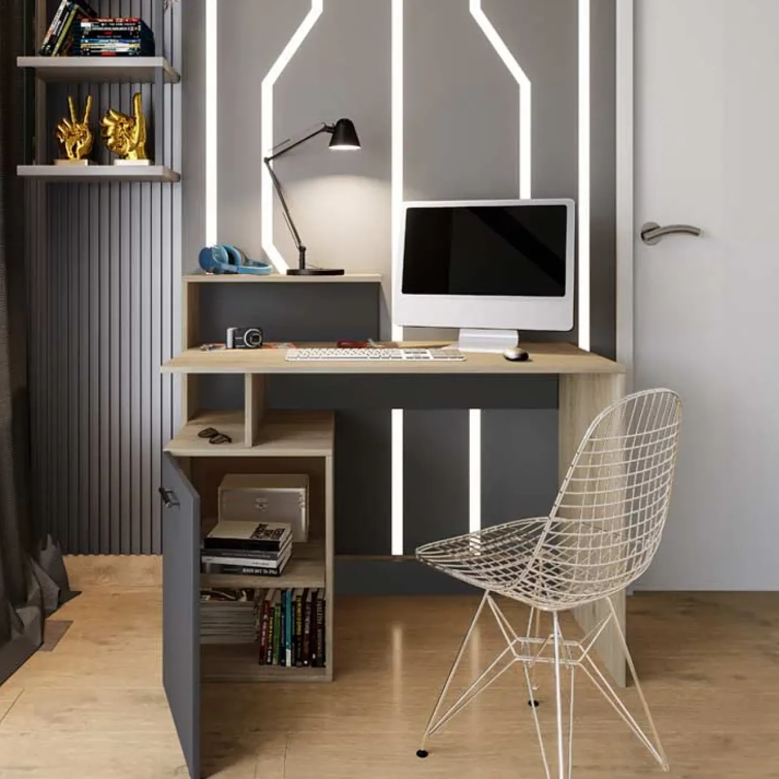 Garnero Arredamenti Scrivanie Per Ragazzi|Scrivanie Ufficio-Scrivania ufficio 110x95cm con mobile contenitore grigio rovere chiaro Aldeia