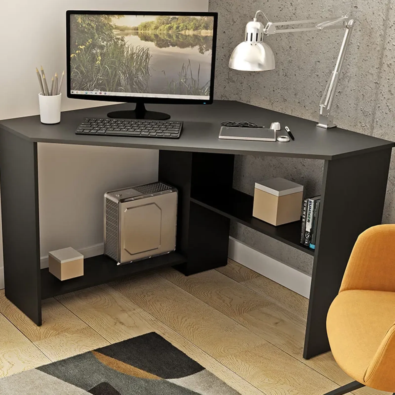 Garnero Arredamenti Scrivanie Per Ragazzi|Scrivanie Ufficio-Scrivania 80x80cm ufficio angolare salvaspazio nero Norman Nero Opaco