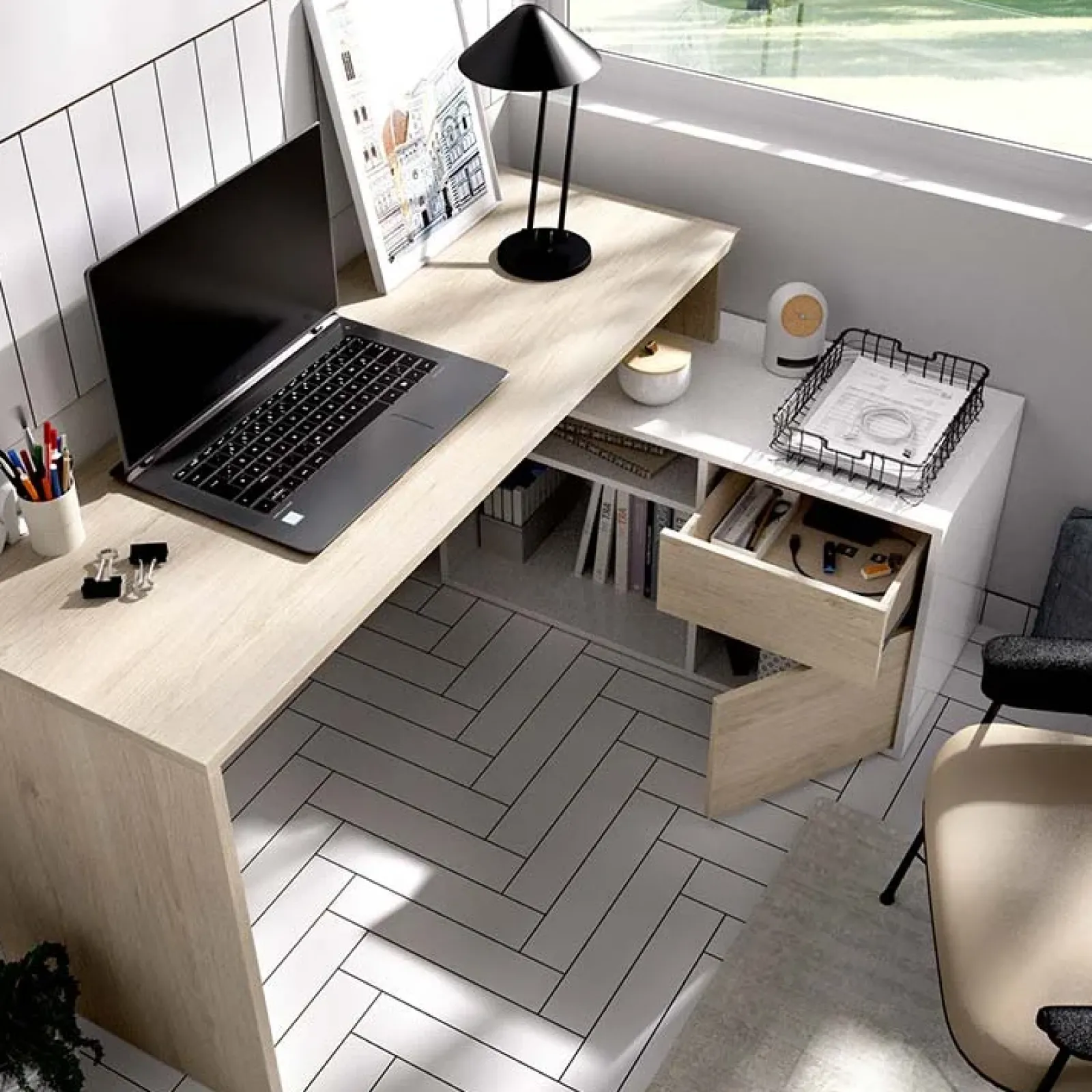 Garnero Arredamenti Scrivanie Per Ragazzi|Scrivanie Ufficio-Scrivania 139x92cm ufficio angolare bianco lucido rovere Teddy Rovere - Bianco Lucido