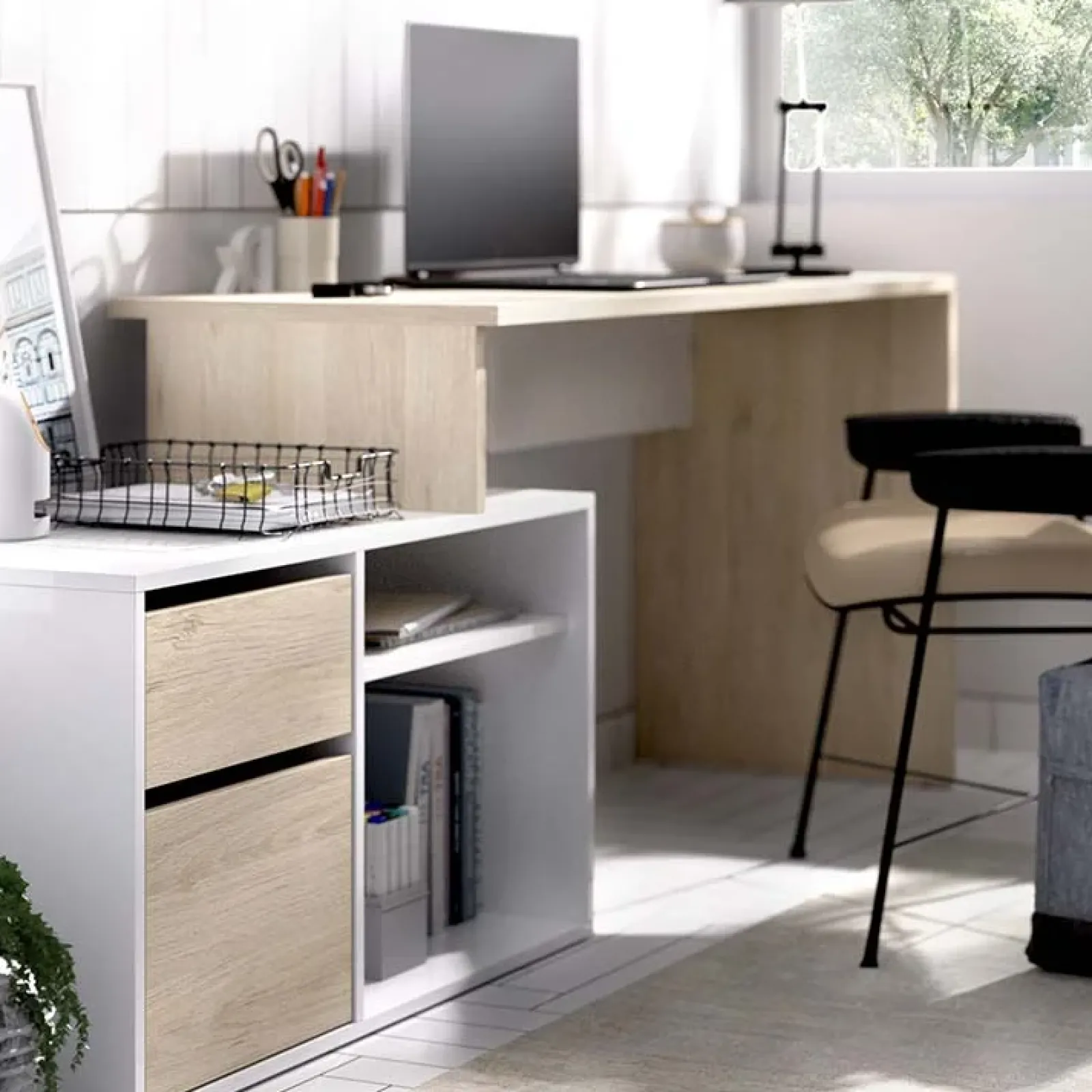 Garnero Arredamenti Scrivanie Per Ragazzi|Scrivanie Ufficio-Scrivania 139x92cm ufficio angolare bianco lucido rovere Teddy Rovere - Bianco Lucido