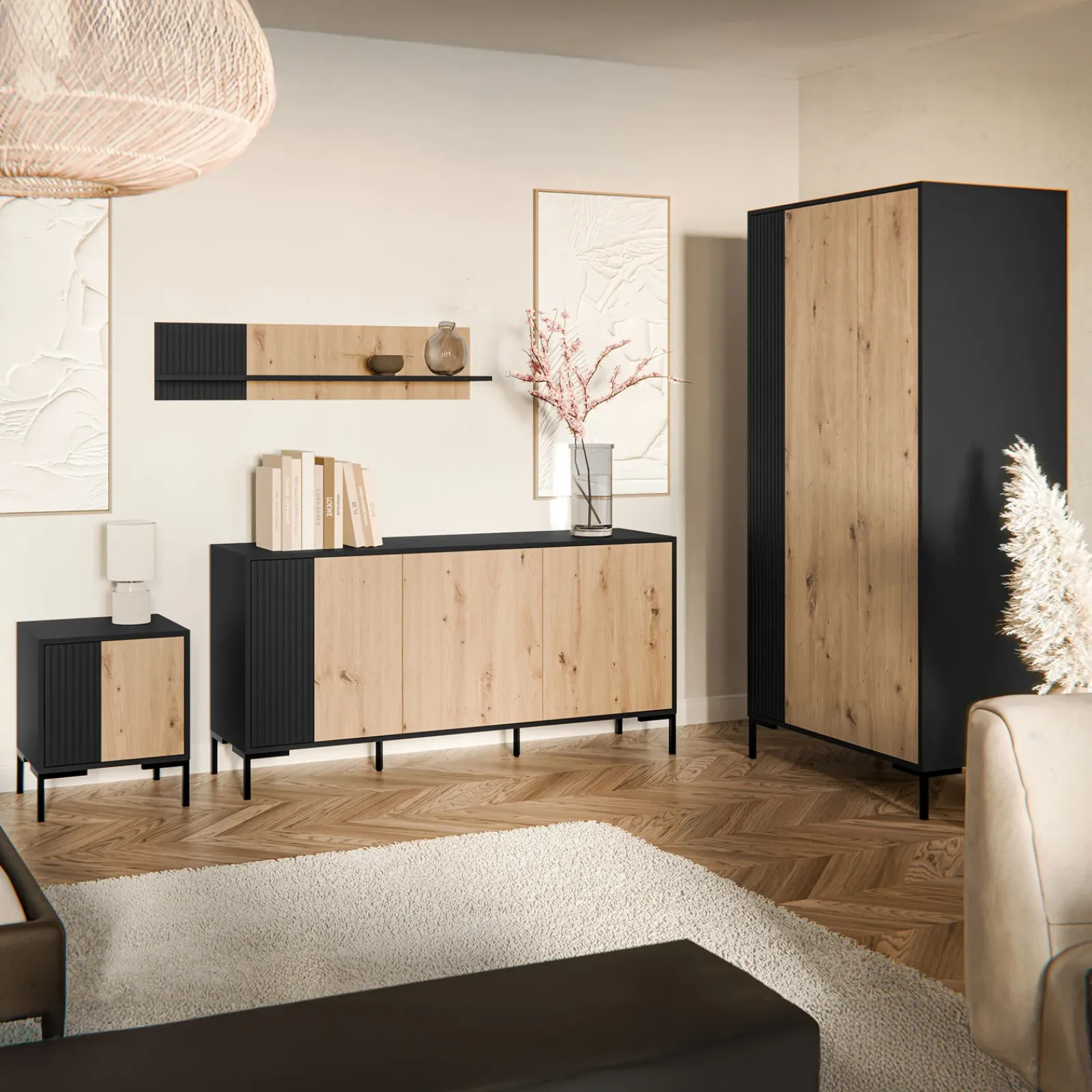 Garnero Arredamenti Comodini|Comò-Set 2 comodini 44x49h cm 1 anta rovere nero Duble