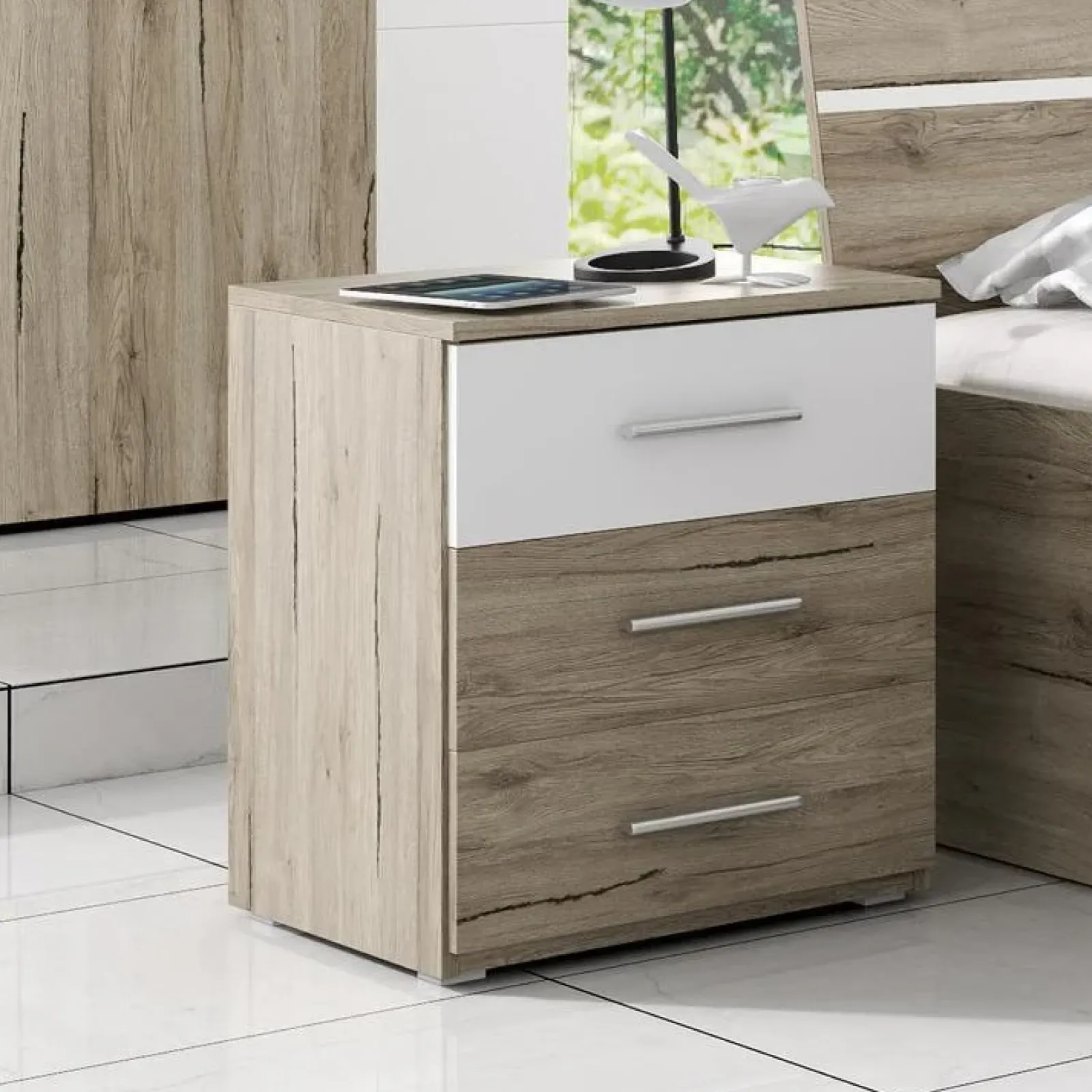 Garnero Arredamenti Comodini Cameretta|Comò-Set 2 comodini 47x56h cm moderni rovere natura bianco Copenhagen