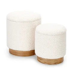 Garnero Arredamenti Pouf-Set 2 pouf rotondi contenitore imbottiti panna rovere Masato
