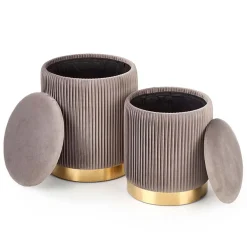 Garnero Arredamenti Pouf-Set 2 pouf rotondi contenitore in velluto acciaio cromato oro Cubal Grigio - Oro