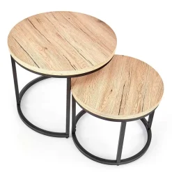 Garnero Arredamenti Set Tavolini|Set Tavolini-Set 2 tavolini da salotto rotondi rovere nodato nero Tavira